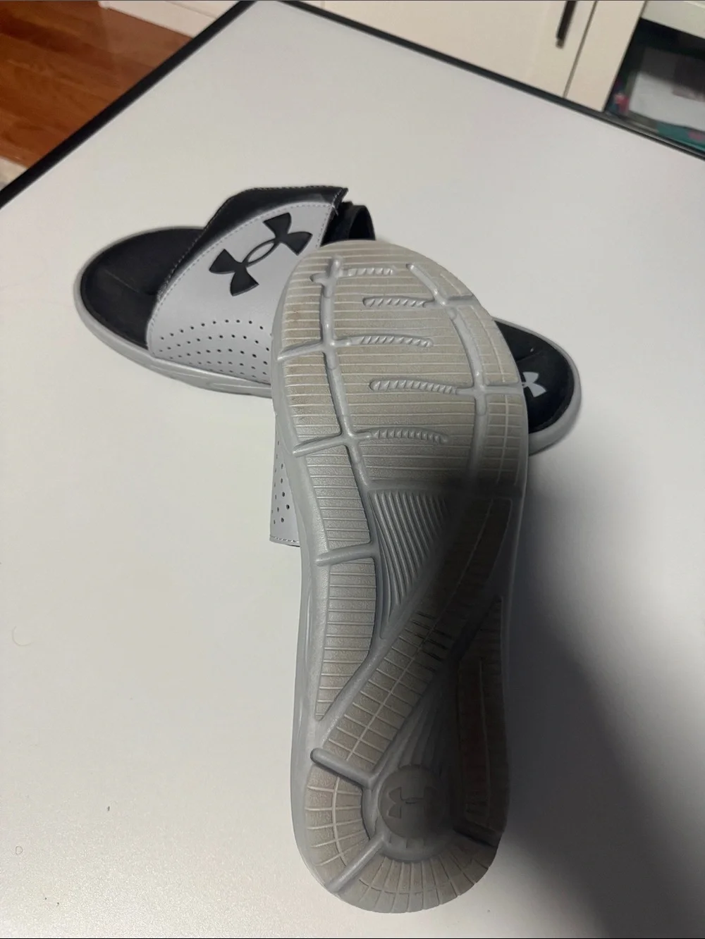 Under Armour Mens Black and Gray Slide Sandals with Logo